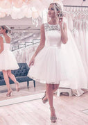 A-line Sleeveless Bateau Short Ivory Lace Tulle Wedding Dress, Sash