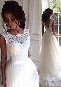 A-line Sleeveless Court Train  Lace Tulle Bridal Gown Wedding Dress