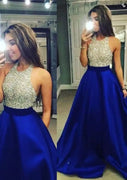 A-Line Sleeveless Halter Floor-Length Backless Royal Blue Satin Prom Dress, Beaded