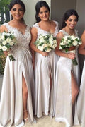 A-Linie ärmelloses Schlitz-Spitze-Satin-Brautjungfernkleid Hochzeitskleid