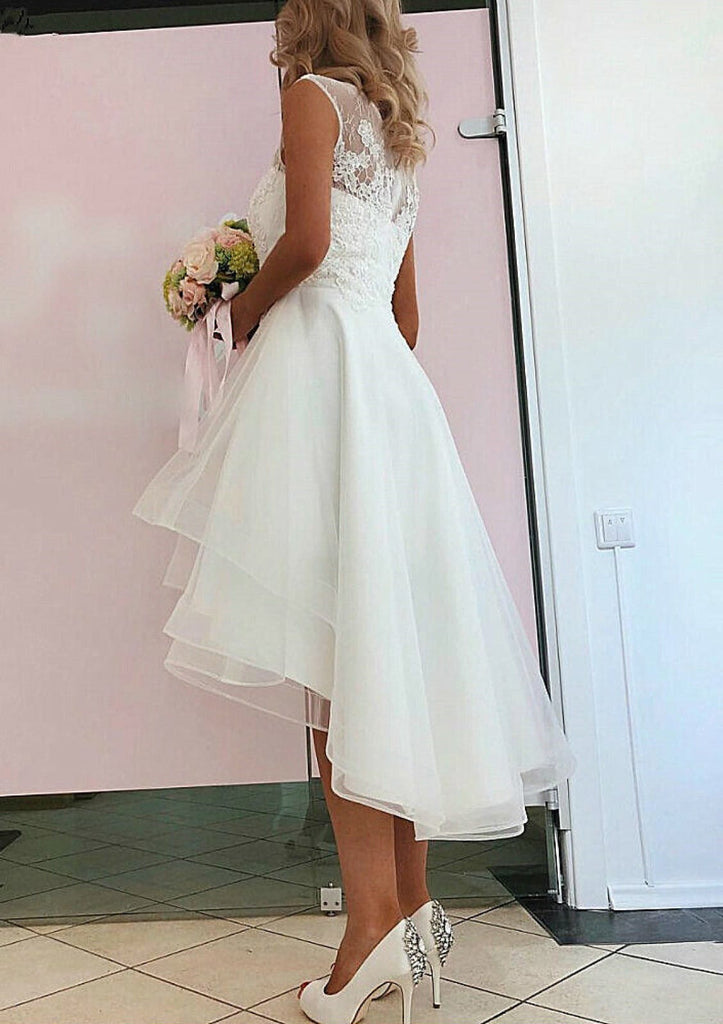 A-line Sleeveless Asymmetrical Tulle Wedding Dress Lace - 