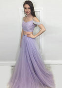 A-line Spaghetti Strap Off Shoulder Tulle Prom Two Piece Dress, Beaded