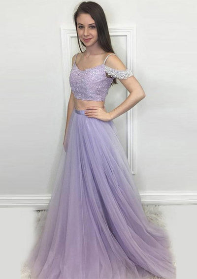 A-line Spaghetti Strap Off Shoulder Long Pleated Tulle Prom 