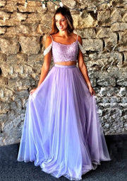 A-line Spaghetti Strap Off Shoulder Long Pleated Tulle Prom 
