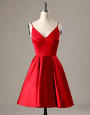 A-Line Spaghetti Straps V Neck Red Satin Homecoming Dress, Pockets