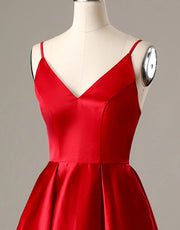 A-Line Spaghetti Straps V Neck Red Satin Homecoming Dress 