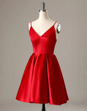 A-Line Spaghetti Straps V Neck Red Satin Homecoming Dress 