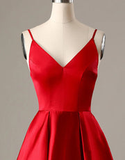 A-Line Spaghetti Straps V Neck Red Satin Homecoming Dress 