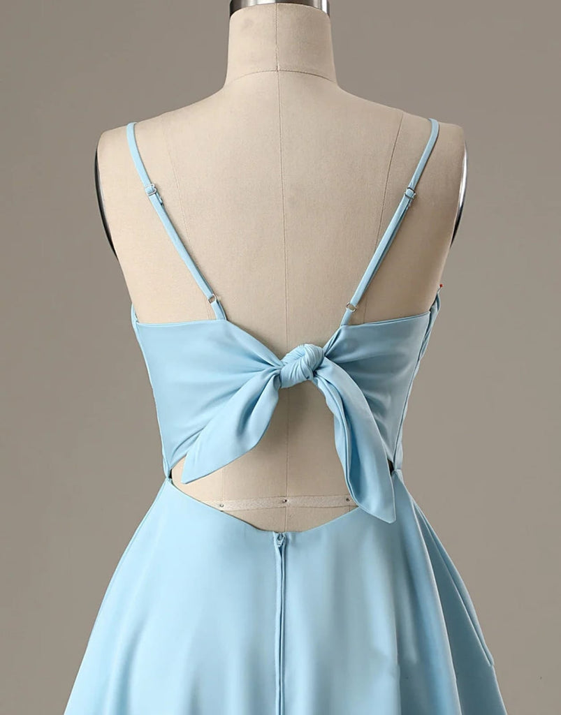 A-Line Spaghetti Straps Short Blue Satin Homecoming Dress, Bow Back - Princessly A-Line Spaghetti Straps Short Blue Satin Homecoming Dress, Bow Back - Princessly