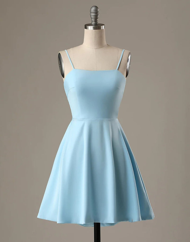 A-Line Spaghetti Straps Short Blue Satin Homecoming Dress, Bow Back - Princessly A-Line Spaghetti Straps Short Blue Satin Homecoming Dress, Bow Back - Princessly