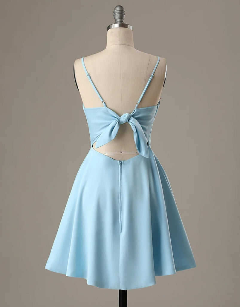 A-Line Spaghetti Straps Short Blue Satin Homecoming Dress, Bow Back US 20W / Blue A-Line Spaghetti Straps Short Blue Satin Homecoming Dress, Bow Back US 20W / Blue