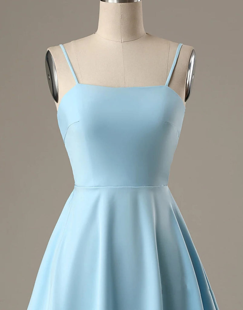 A-Line Spaghetti Straps Short Blue Satin Homecoming Dress, Bow Back - Princessly A-Line Spaghetti Straps Short Blue Satin Homecoming Dress, Bow Back - Princessly