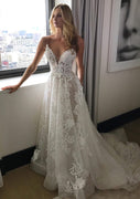 A-line Strap Plunging Backless Chapel Lace Tulle Wedding Dress