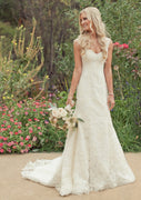 A-line Strap Sweetheart V Back Court Lace Bridal Wedding Dress, Buttons