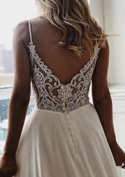 A-line Spaghetti Straps V Neck Sleeveless Ivory Chiffon 