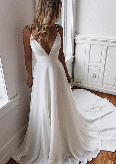 A-line Spaghetti Straps V Neck Sleeveless Ivory Chiffon 