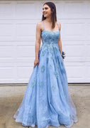 A-Linie Träger Ärmelloser Hof Sky Blue Spitze Tüll Prom Kleid, Appliqued