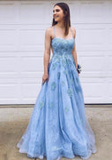 A-line Straps Sleeveless Court Sky Blue Lace Tulle Prom Dress, Appliqued