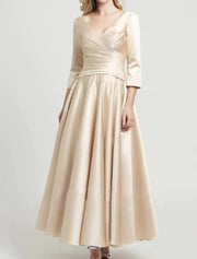 A-line V Neck Ankle Length Satin 3/4 Sleeve Mother of Bride 