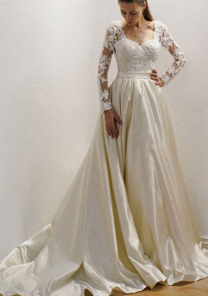 A-Line Sweetheart Court Champagne Satin Wedding Dress Lace -