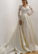 A-Line Sweetheart Court Champagne Satin Wedding Dress, Lace