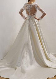 A-Line Sweetheart Court Champagne Satin Wedding Dress Lace -