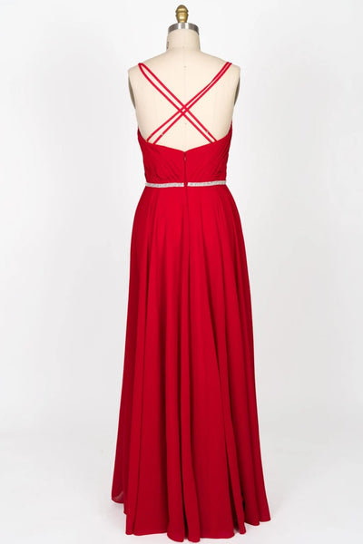 A-line Sweetheart Strap Beaded Red Chiffon Long Bridesmaid