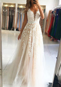 A-line/Princess Champagne Sleeveless Lace Tulle Formal Evening Prom Dress