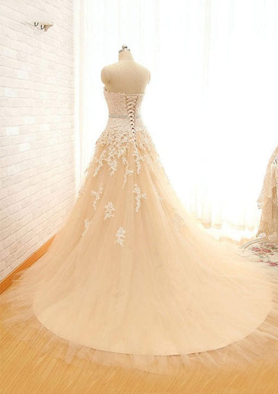 A-Line/Princess Champagne Tulle Wedding Dress Ivory Lace - 