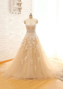A-Line/Princess Champagne Tulle Wedding Dress, Ivory Lace