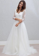 A-line/Princess V Neck 3/4 Sleeve Sweep Tulle Wedding Dress, Lace