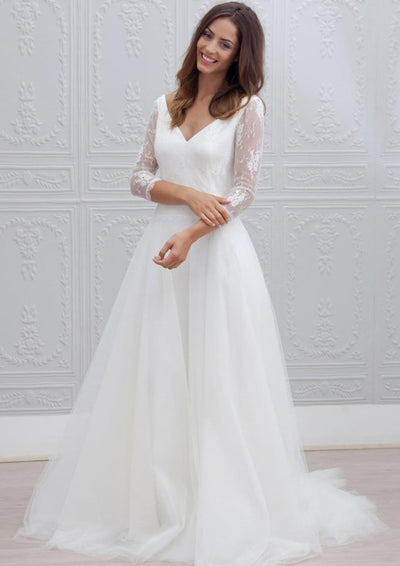 A-line/Princess V Neck 3/4 Sleeve Sweep Tulle Wedding Dress 