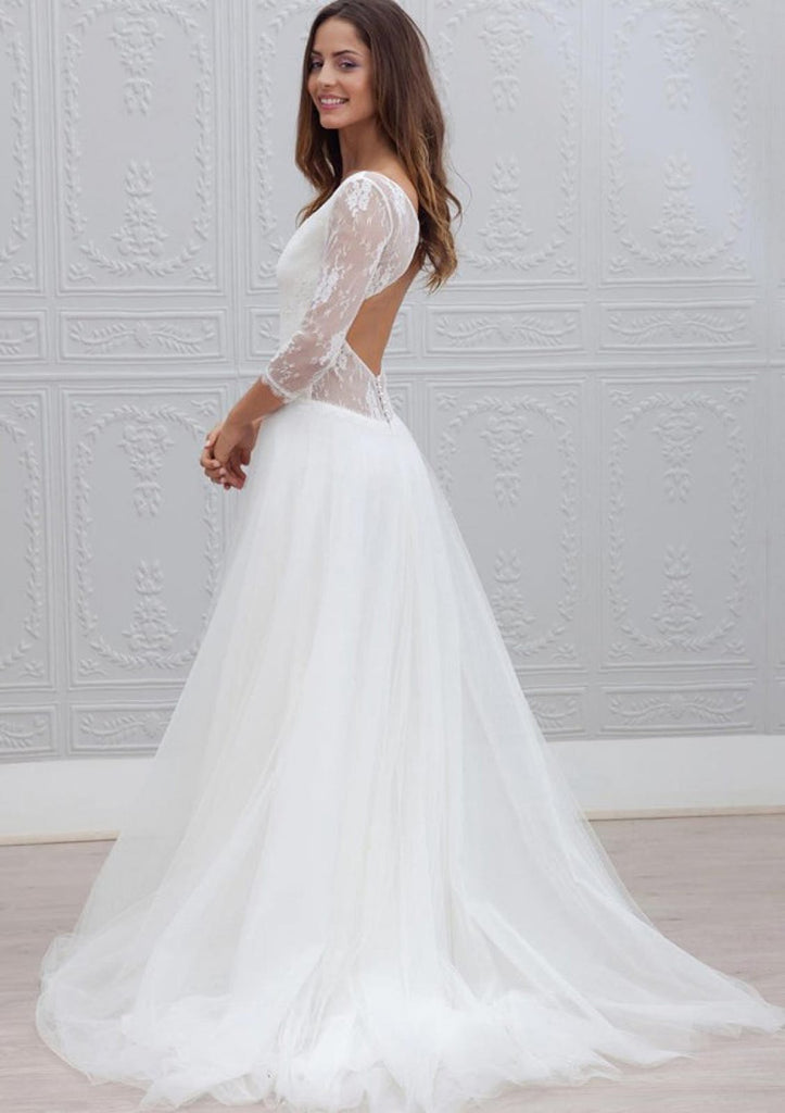 A-line/Princess V Neck 3/4 Sleeve Sweep Tulle Wedding Dress 