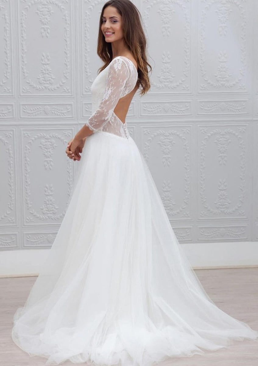 Plunge Long Sleeve Sweep Lace Tulle A-line Black Wedding Dress main image 1