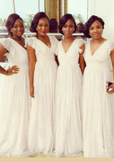 A-line/Princess V-Neck Cap Sleeve Long Tulle Ivory Weddign Party Bridesmaid Dress