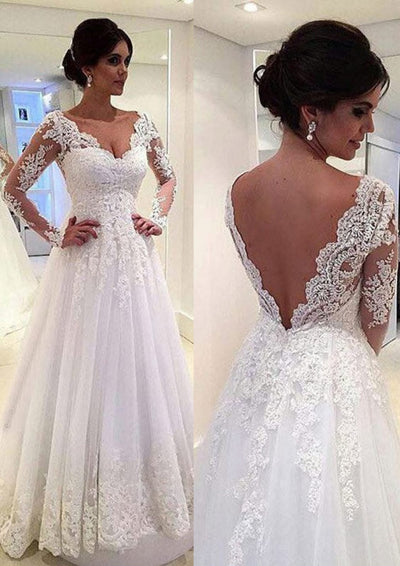A-Line/Princess V Neck Sweep Train Lace Tulle Wedding Dress 