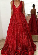 A-line/Princess V Neck Sleeveless Sweep Train Sequined Evening Dress Formal Gown