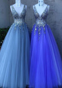 A-line/Princess V-neck Sleeveless Tulle Long Formal Party Prom Dress, Beaded Sequins