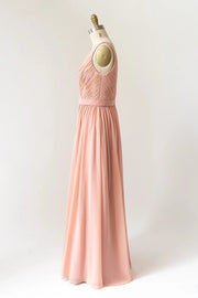 Long Crinkle V Neck Peach Chiffon Pleated Sleeveless