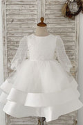 Vestido de niña de las flores de boda con mangas largas de organza y lentejuelas de tul con espalda en V