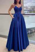 Long Prom vestido A-Line Straps V pescoço mangas real azul renda cetim, plissadas