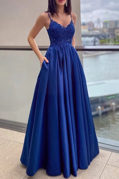 Gorgeous Royal Blue Prom Dress with Flowers Long Sleeveless Evening Dr –  MyChicDress