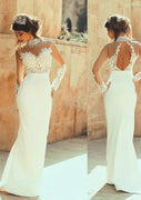 Long Sleeve Illusion High-Neck Lace Chiffon Column Wedding Dress