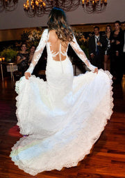 Long Sleeve Illusion Ivory Lace Mermaid Wedding Dress 