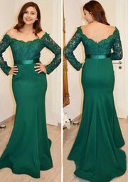 Long Sleeve Off Shoulder Green Lace Satin Fishtail Evening