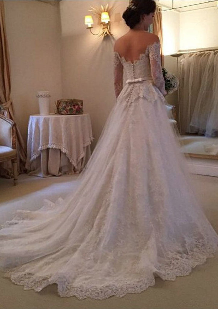Long Sleeve Off Shoulder Chapel Lace Wedding Dress Waistband