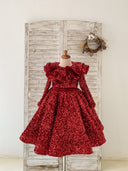 Бордовое платье с длинными рукавами и блестками и оборками на шее, свадебное платье для девочек-цветочниц, детская вечеринка