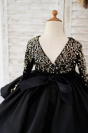 Long Sleeves Gold Sequin Black Satin V Back Wedding Flower 