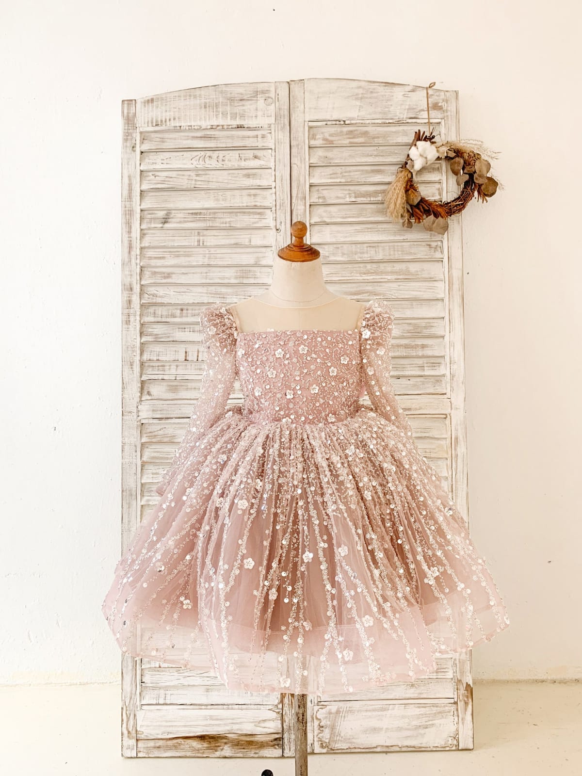 Long Sleeves Mauve Crystal Beaded Wedding Flower Girl Dress Birthday Dress 3T