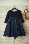 Long Sleeves Navy Blue Lace Satin Wedding Flower Girl Dress, Belt